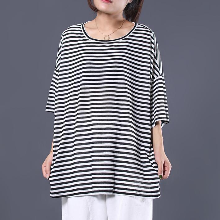 Loose side open cotton clothes For Women Work black striped blouse summer - Omychic