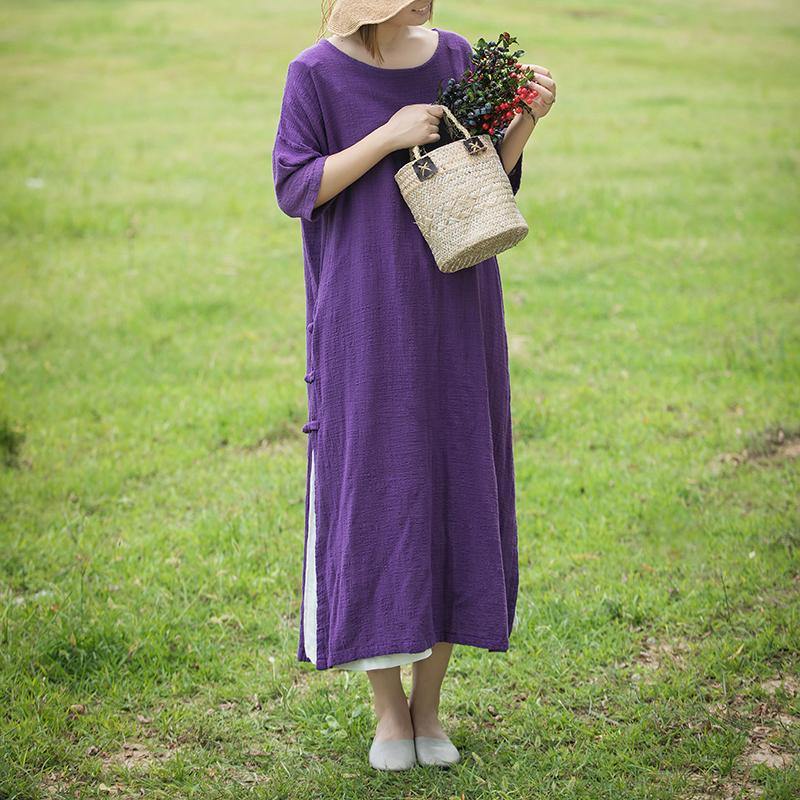 Loose side open linen cotton clothes Work purple Dresses summer - Omychic