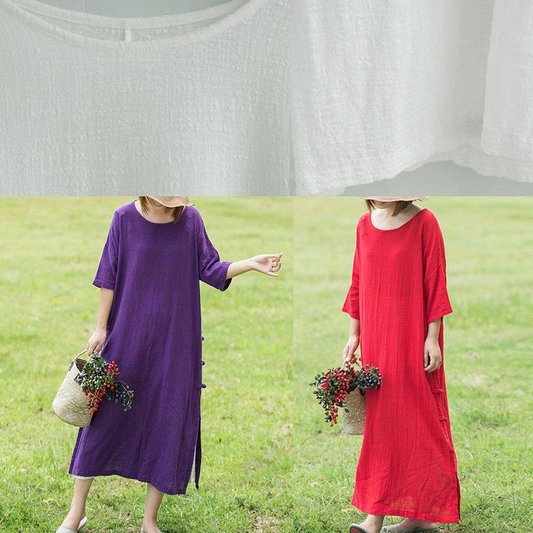 Loose side open linen cotton clothes Work purple Dresses summer - Omychic