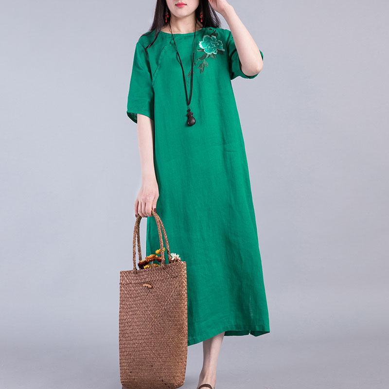 Loose side open linen dress Work Outfits green embroidery Dress summer - Omychic