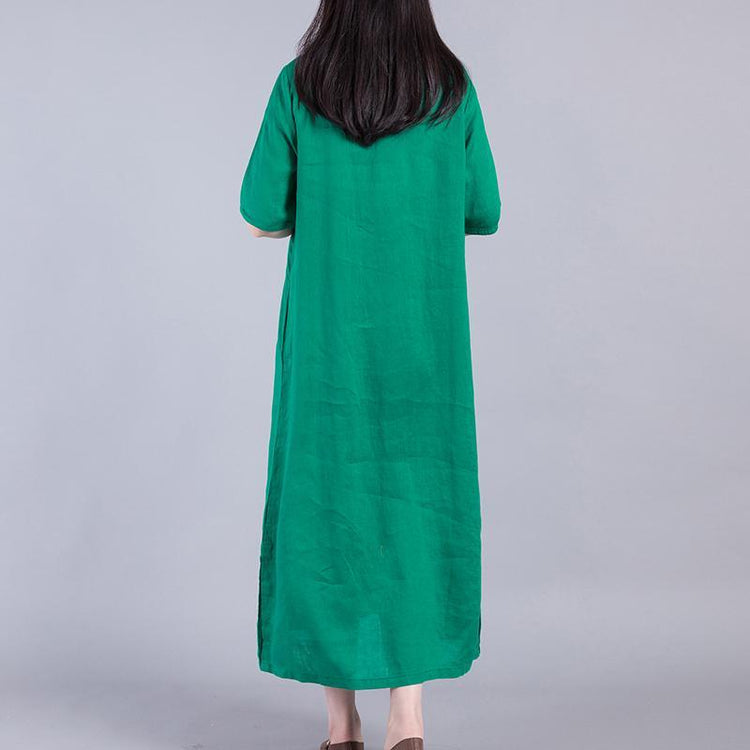 Loose side open linen dress Work Outfits green embroidery Dress summer - Omychic