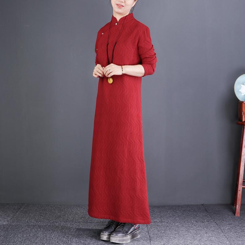 Loose stand collar Button Down linen clothes For Women boutique red Robe Dresses - Omychic