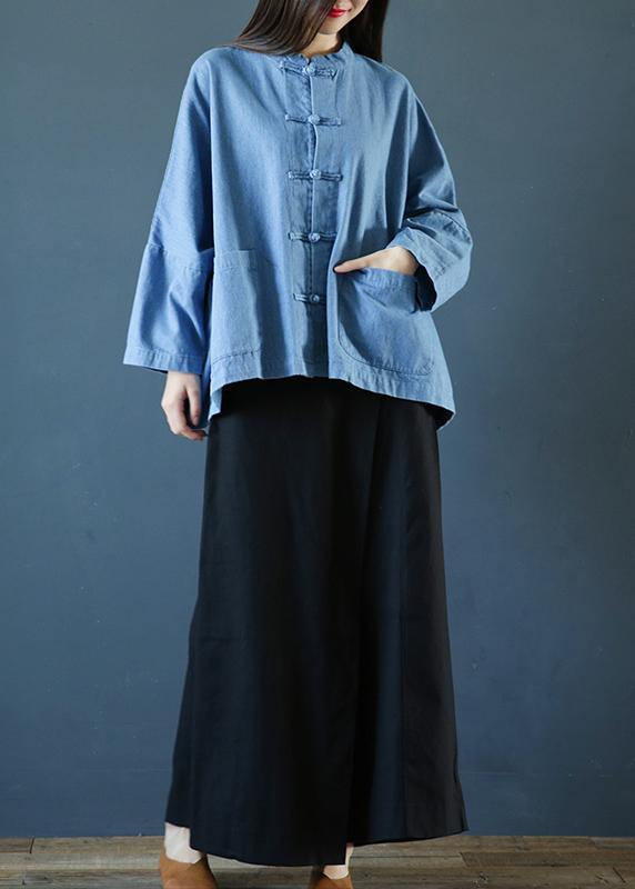 Loose stand collar Chinese Button clothes For Women Sleeve denim light blue shirts