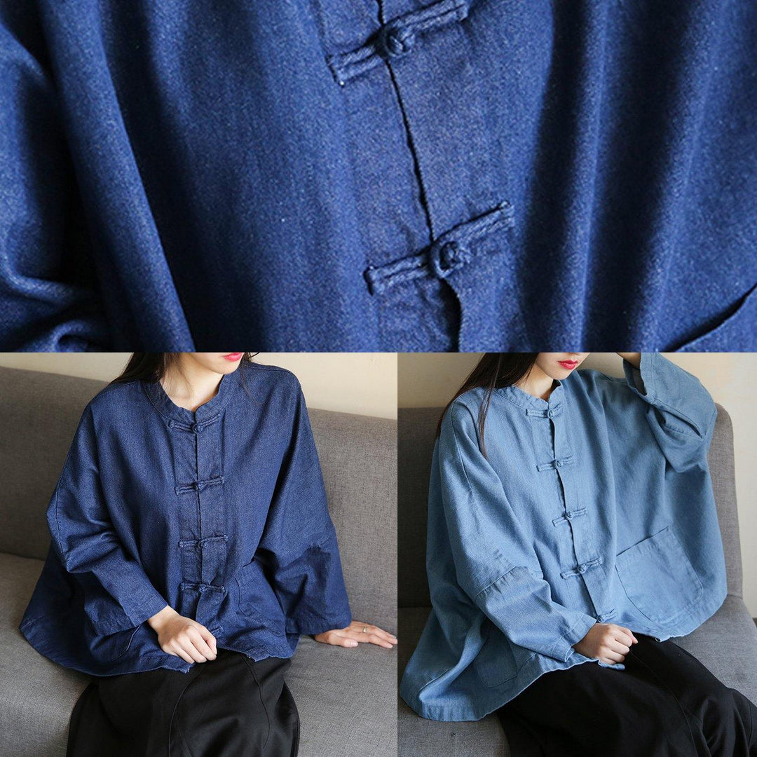 Loose stand collar Chinese Button clothes For Women Sleeve denim light blue shirts