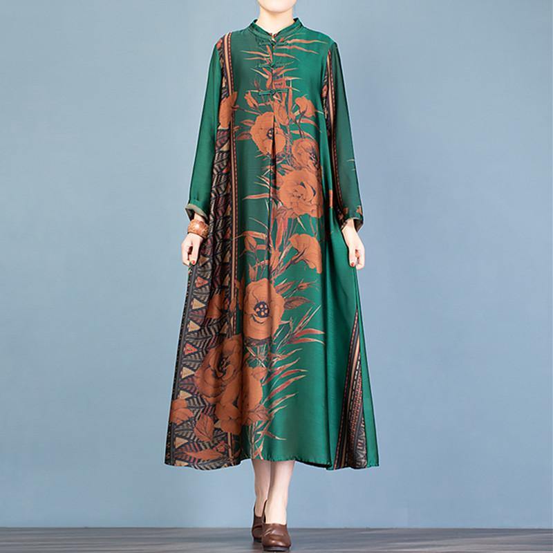 Loose stand collar Chinese Button clothes pattern green print Maxi Dresses - Omychic