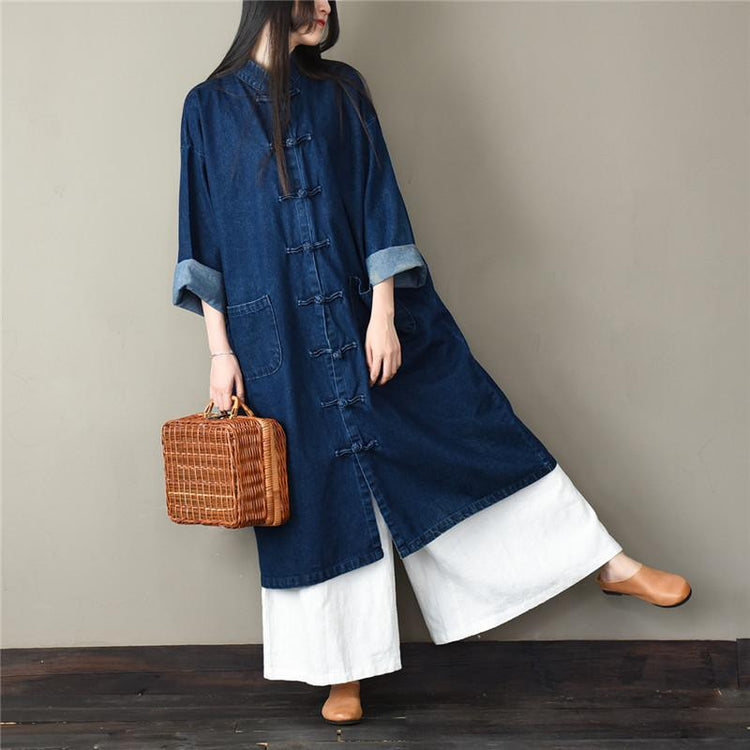 Loose stand collar Plus Size spring clothes For Women dark blue silhouette coats - Omychic