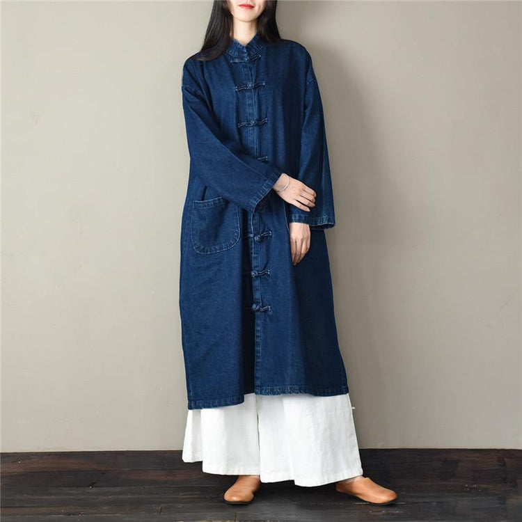 Loose stand collar Plus Size spring clothes For Women dark blue silhouette coats - Omychic
