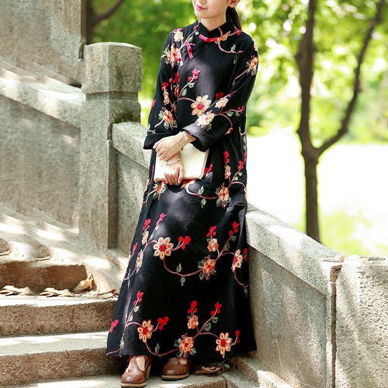 Loose stand collar cotton dresses Tutorials black embroidery long Dress fall - Omychic