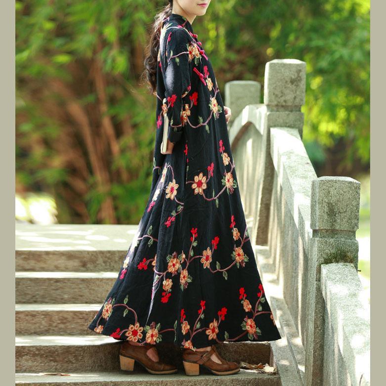 Loose stand collar cotton dresses Tutorials black embroidery long Dress fall - Omychic