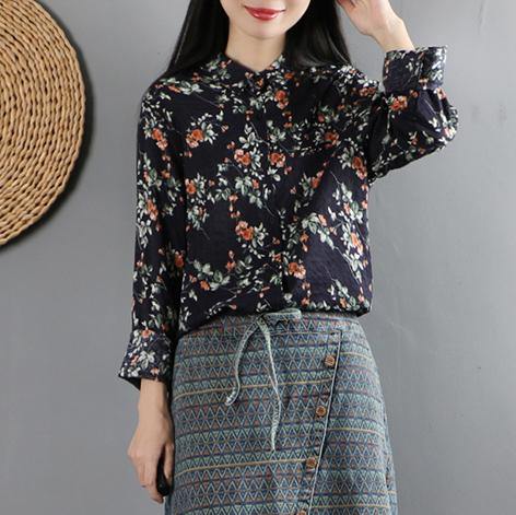Loose stand collar cotton fall clothes For Women Sewing orange prints shirt - Omychic