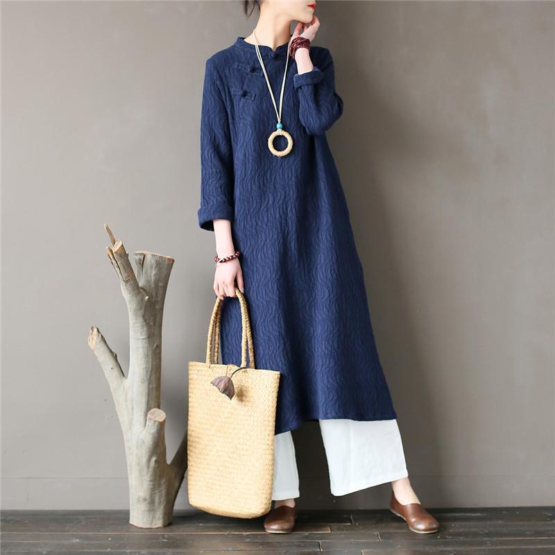 Loose stand collar cotton spring clothes For Women Fabrics blue jacquard cotton Dress - Omychic