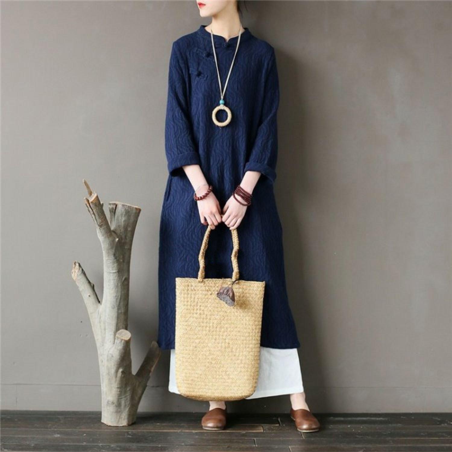 Loose stand collar cotton spring clothes For Women Fabrics blue jacquard cotton Dress - Omychic