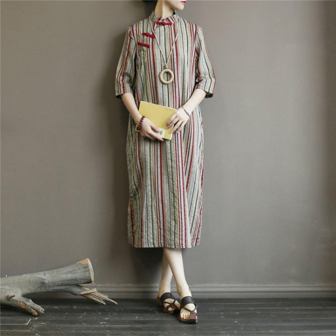 Loose stand collar cotton summer Tunics Wardrobes gray striped Art Dresses - Omychic