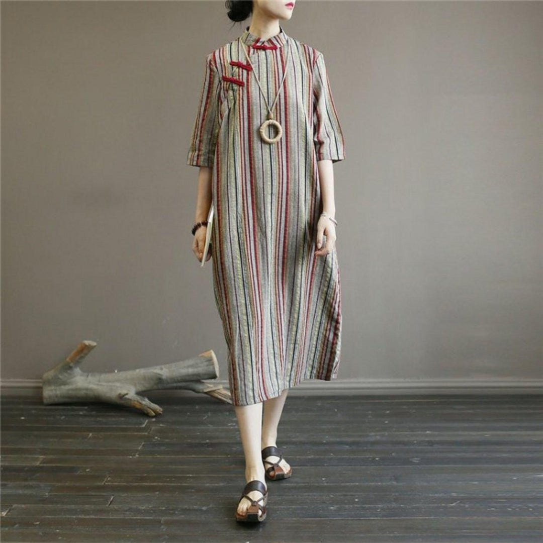 Loose stand collar cotton summer Tunics Wardrobes gray striped Art Dresses - Omychic