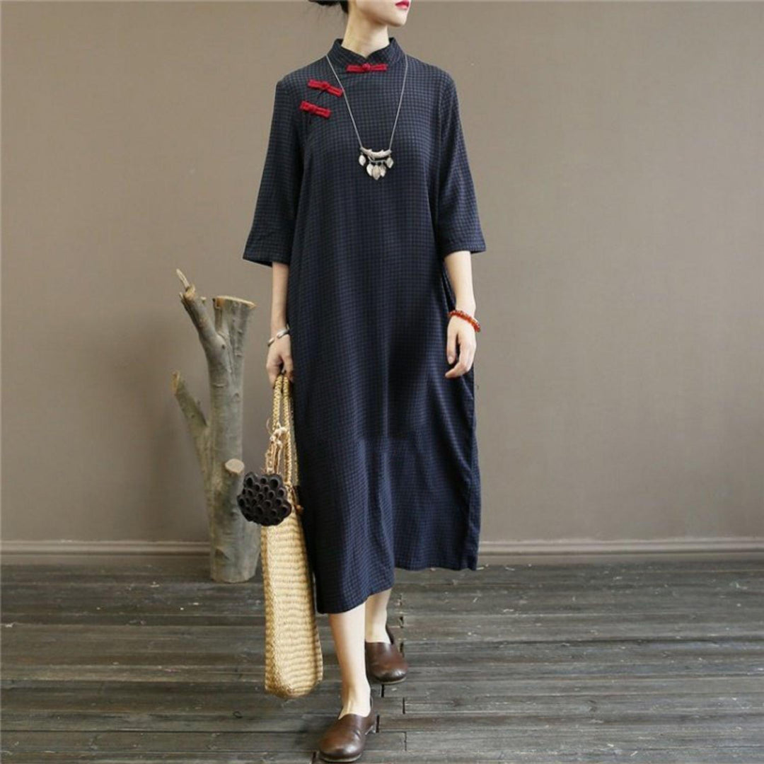 Loose stand collar cotton summer quilting dresses Work Outfits navy plaid Traveling Dress - Omychic