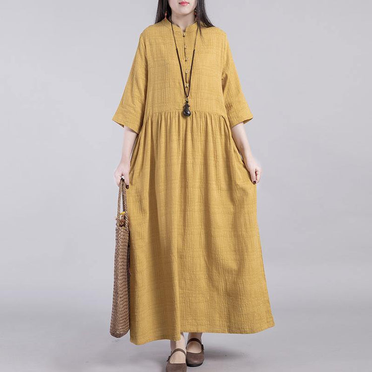 Loose stand collar linen cotton Robes Catwalk yellow Dresses fall - Omychic