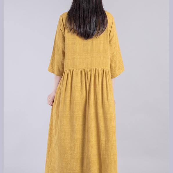 Loose stand collar linen cotton Robes Catwalk yellow Dresses fall - Omychic