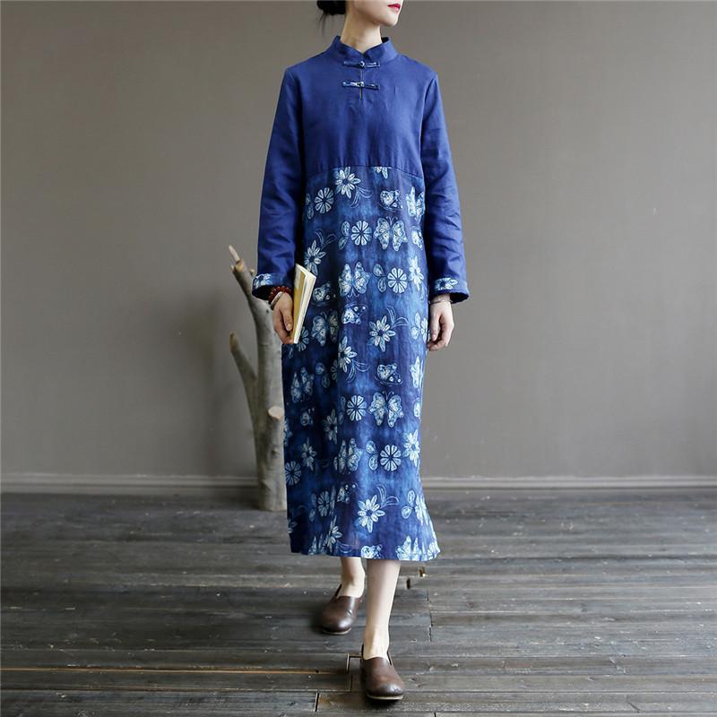 Loose stand collar linen patchwork clothes For Women Fabrics blue Dress - Omychic