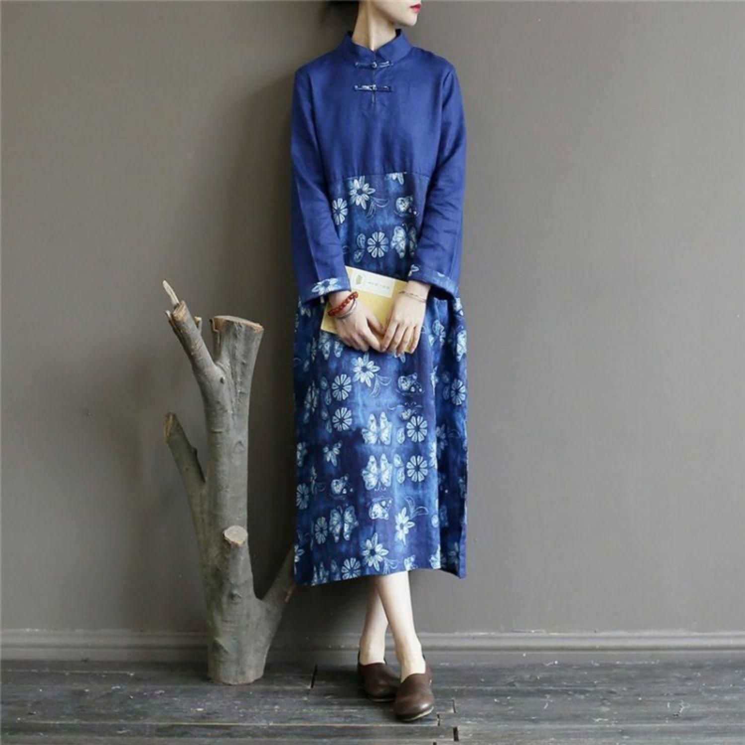Loose stand collar linen patchwork clothes For Women Fabrics blue Dress - Omychic