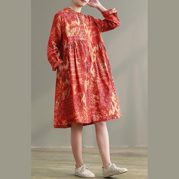 Loose stand collar pockets cotton linen clothes Pakistani Shirts orange floral shift Dress - Omychic