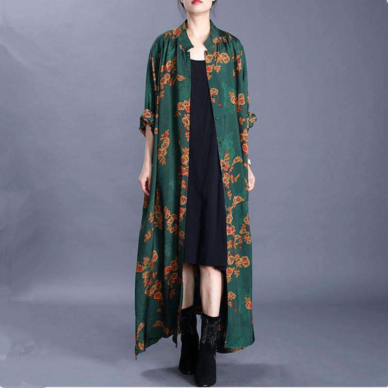 Loose stand collar side open top quality spring tunic coats green print outwear - Omychic