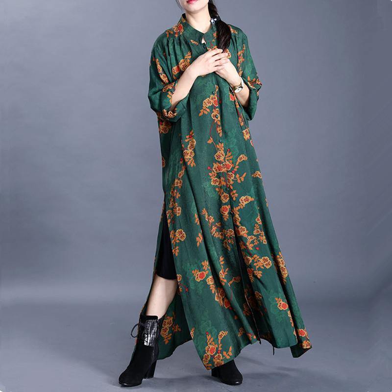 Loose stand collar side open top quality spring tunic coats green print outwear - Omychic