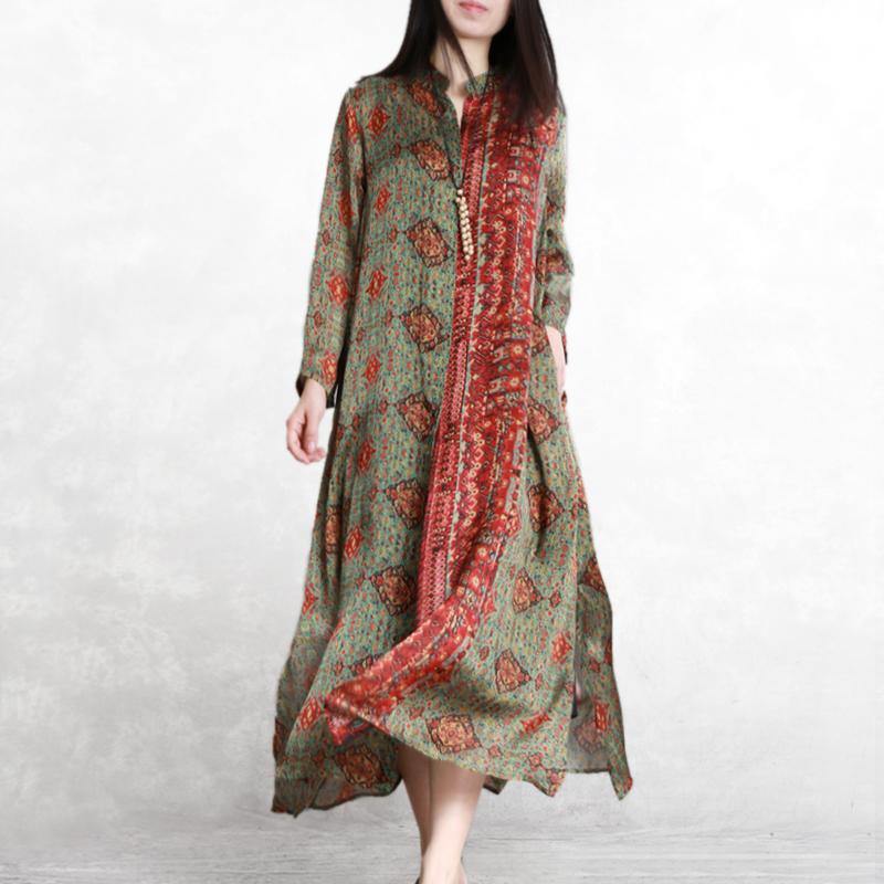 Loose stand collar silk outfit Catwalk green  Plus Size prints spring coats - Omychic