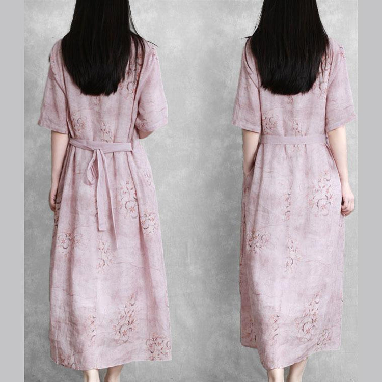 Loose tie waist linen Robes pattern pink Dress v neck - Omychic