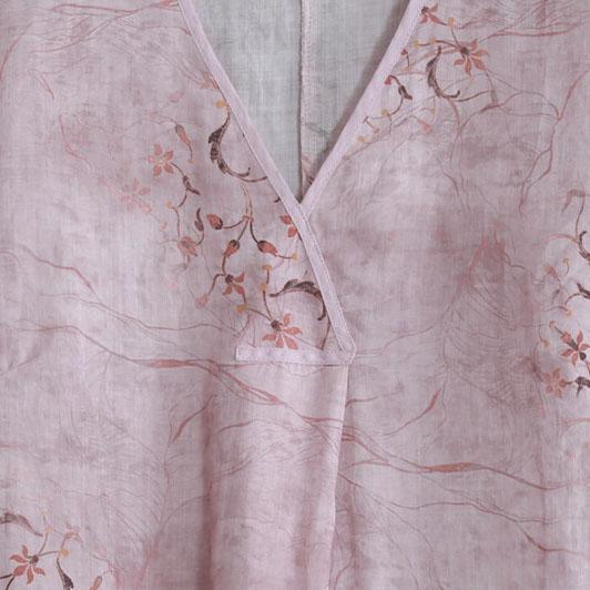 Loose tie waist linen Robes pattern pink Dress v neck - Omychic