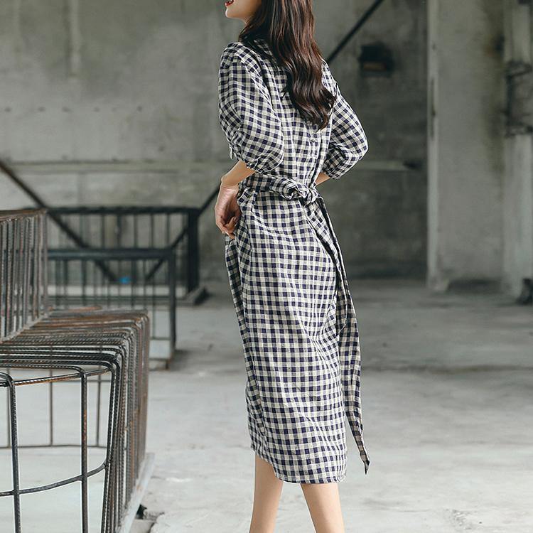 Loose tie waist o neck linen Wardrobes Indian Photography blue gray grid loose Dresses summer - Omychic