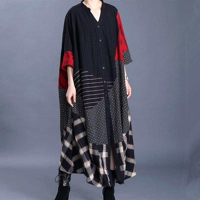 Loose v neck baggy cotton quilting clothes Photography black patchwork red A Line Dresses - Omychic