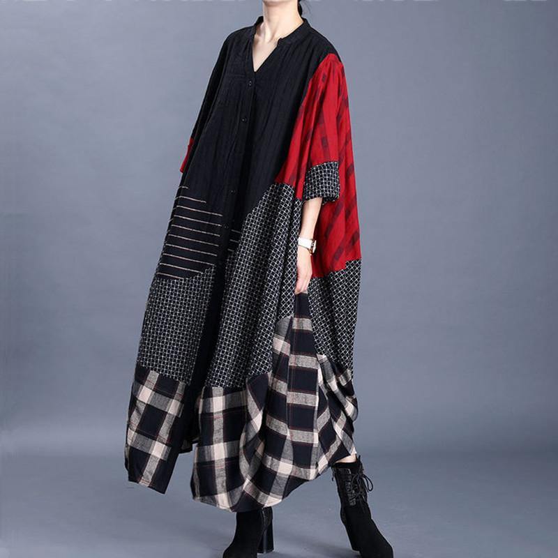 Loose v neck baggy cotton quilting clothes Photography black patchwork red A Line Dresses - Omychic