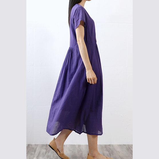 Loose v neck cotton clothes For Women Sewing purple short sleeve Traveling Dresses summer - Omychic