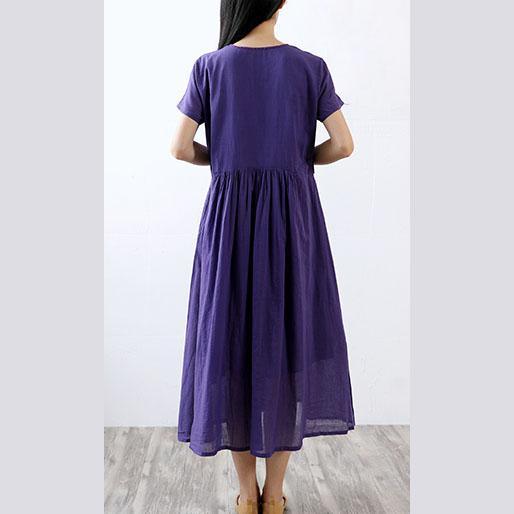 Loose v neck cotton clothes For Women Sewing purple short sleeve Traveling Dresses summer - Omychic
