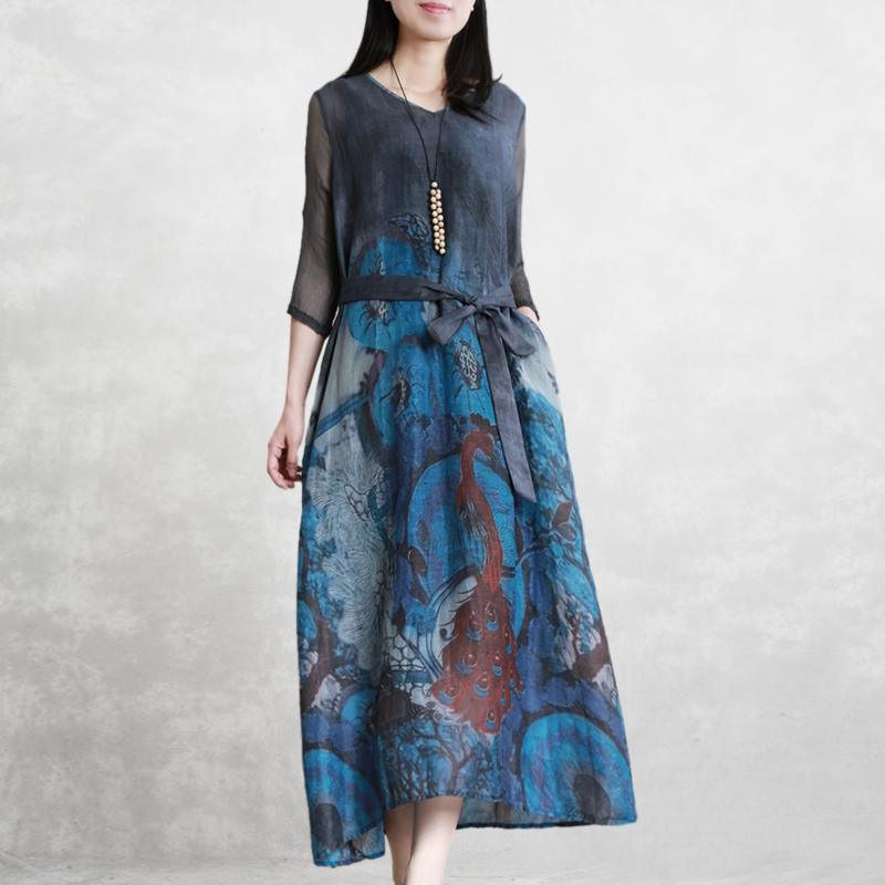 Loose v neck pockets silk linen dresses Online Shopping blue print Dresses summer - Omychic