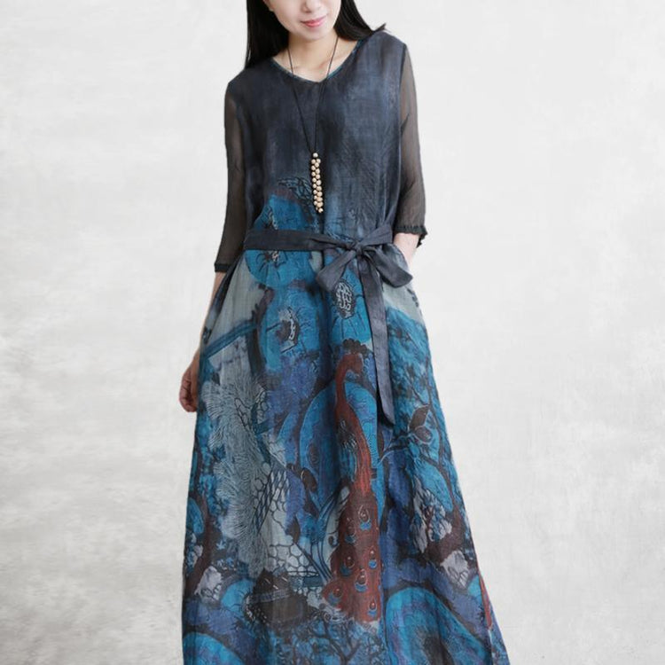 Loose v neck pockets silk linen dresses Online Shopping blue print Dresses summer - Omychic