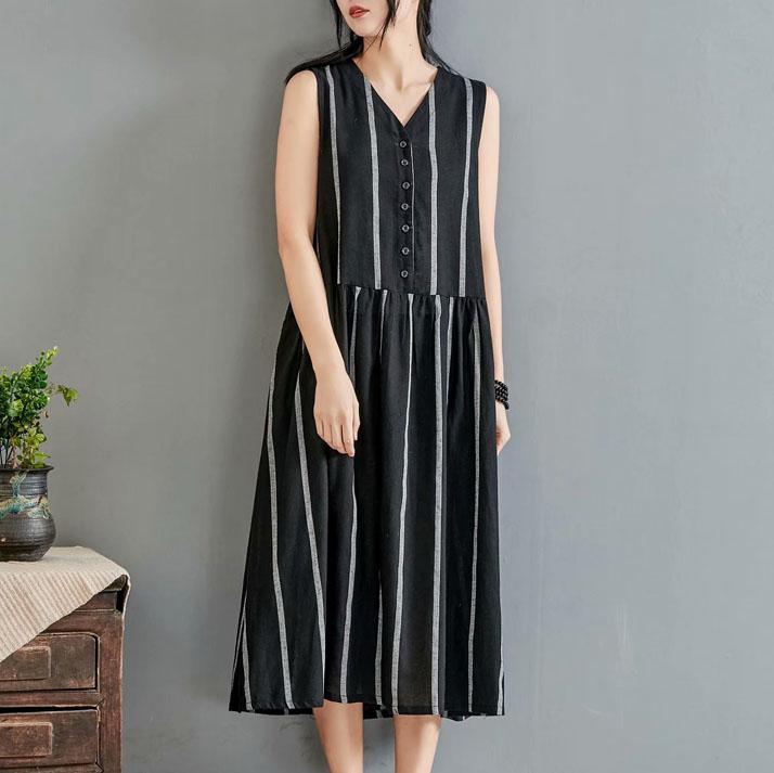 Loose v neck sleeveless linen cotton Wardrobes Sleeve black striped Dress summer - Omychic