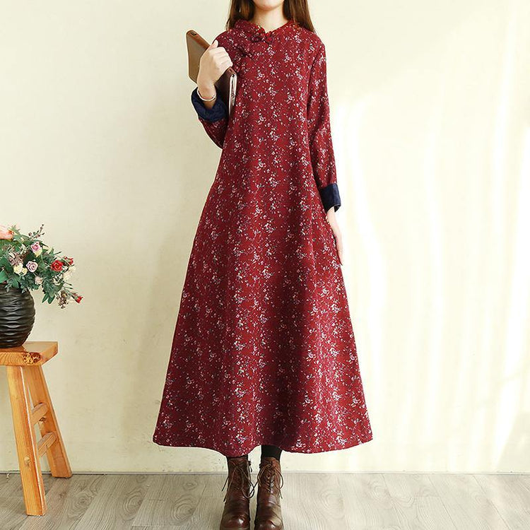 Loose winter cotton floral clothes Tutorials burgundy Traveling Dresses - Omychic