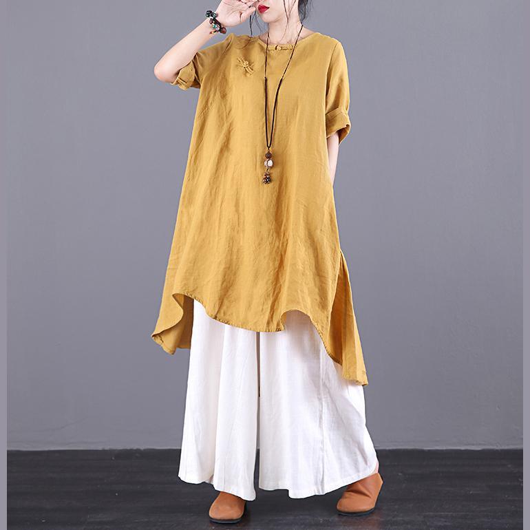 Loose yellow linen tunic pattern o neck Button Down baggy summer shirts - Omychic