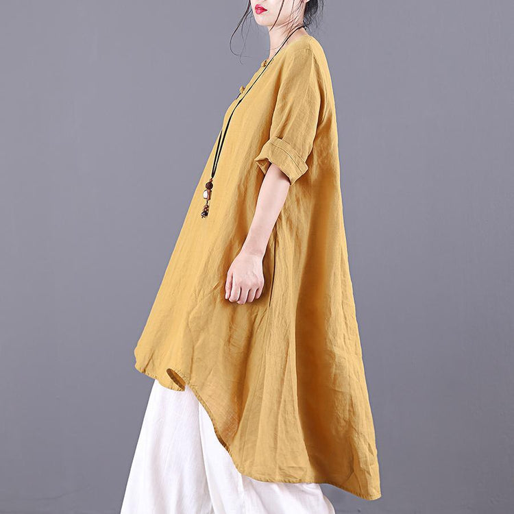 Loose yellow linen tunic pattern o neck Button Down baggy summer shirts - Omychic