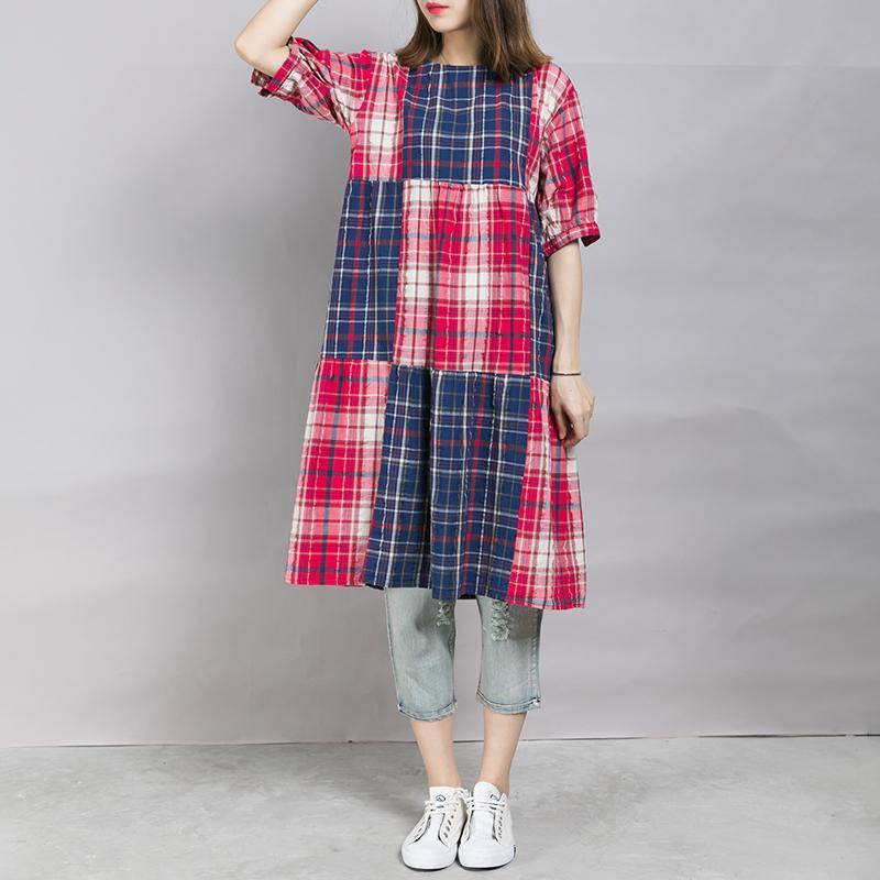 Loose Casual Plaid Color Block Midi Dress - Omychic