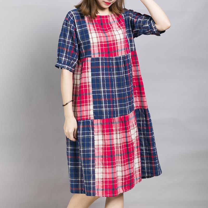 Loose Casual Plaid Color Block Midi Dress - Omychic