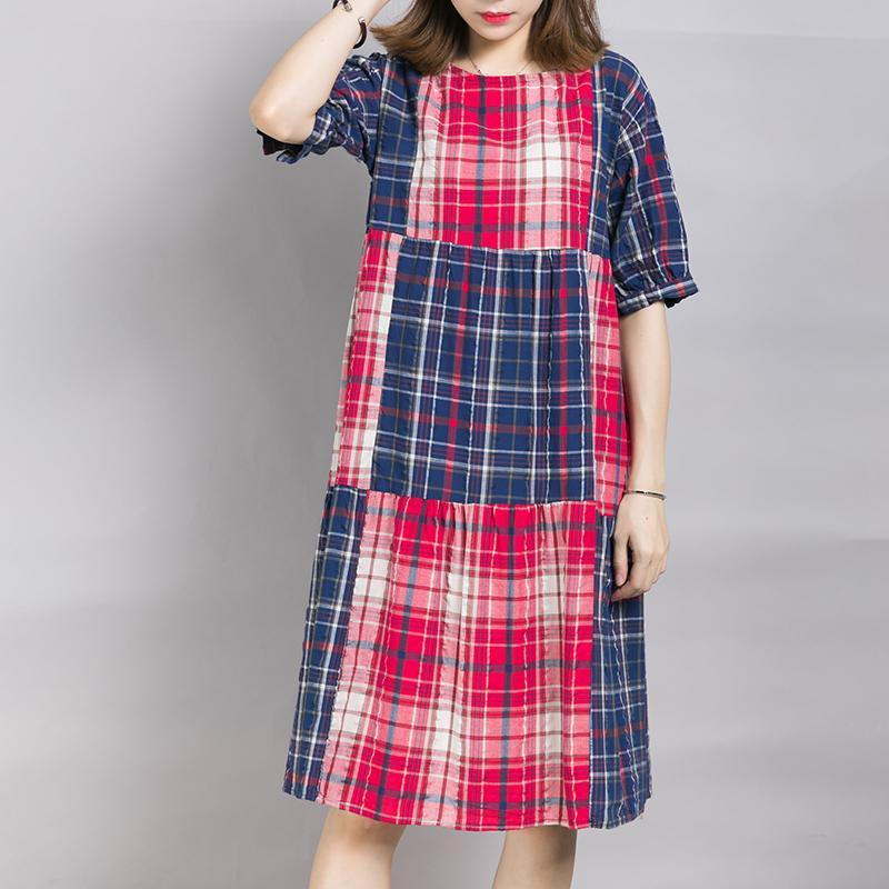 Loose Casual Plaid Color Block Midi Dress - Omychic