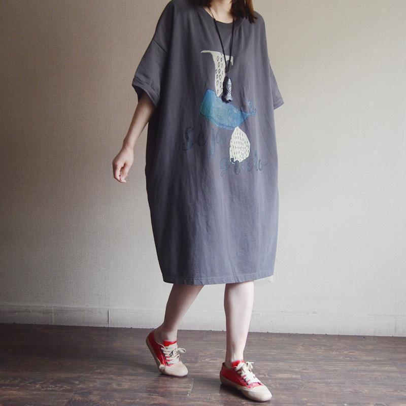 Loose Cotton Print Short Sleeve Dress - Omychic