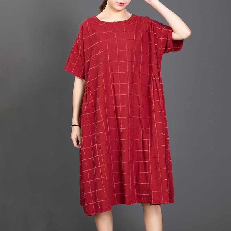 Loose Plaid Casual Short Sleeve Red Dress - Omychic