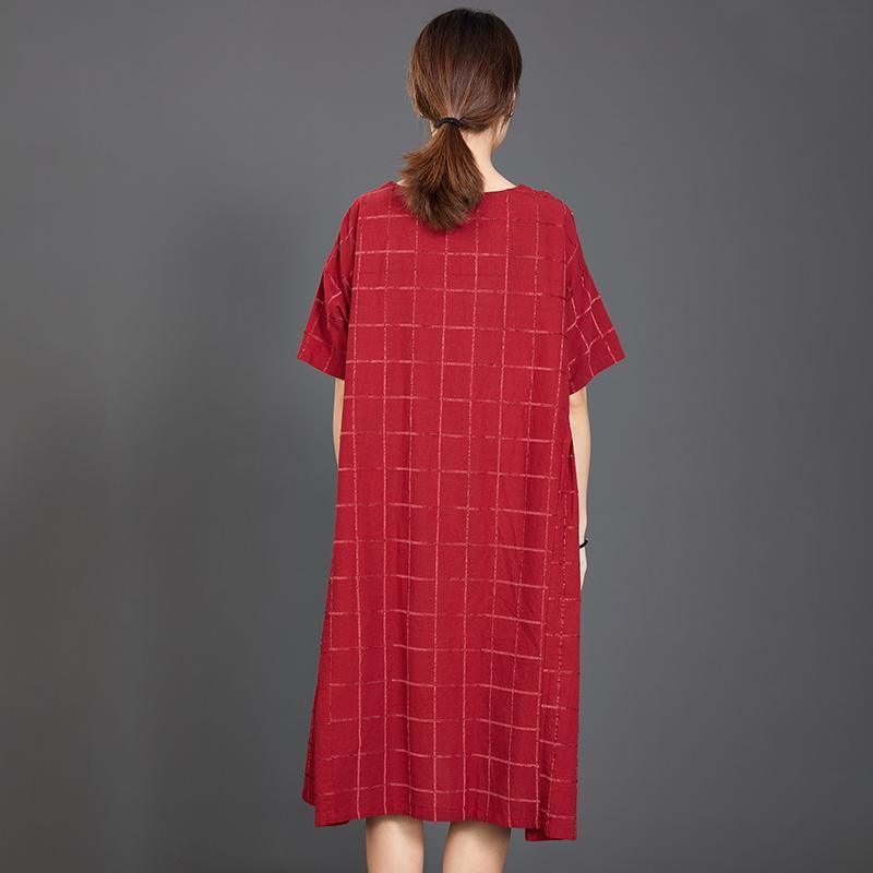 Loose Plaid Casual Short Sleeve Red Dress - Omychic