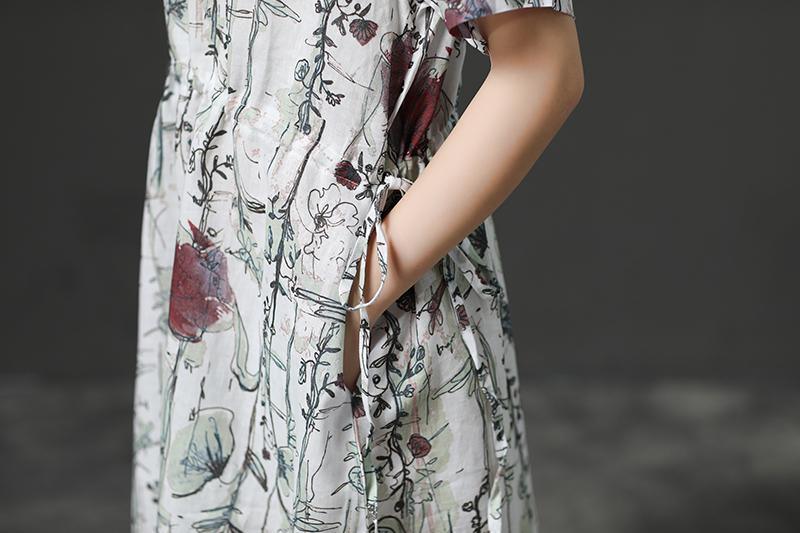 Loose V-neck Short Sleeve Drawstring Linen Dress - Omychic