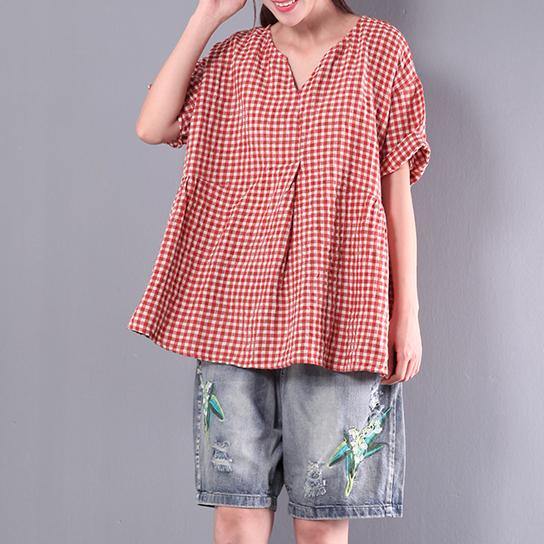 Loose baggy red grid cotton tops oversize casual V neck t shirt - Omychic