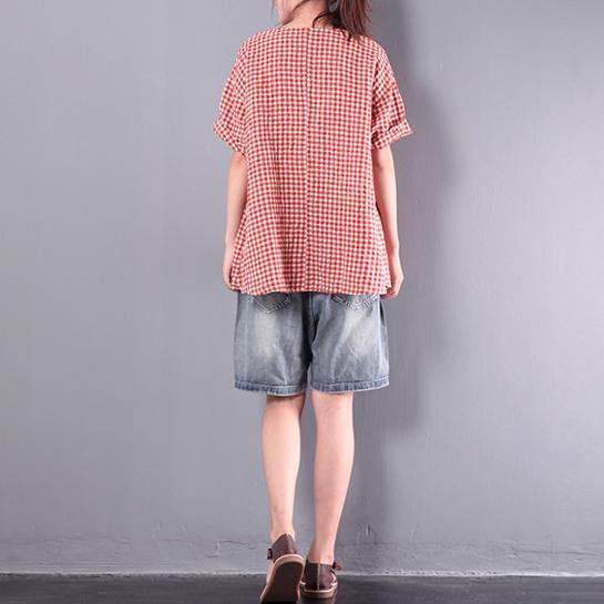 Loose baggy red grid cotton tops oversize casual V neck t shirt - Omychic