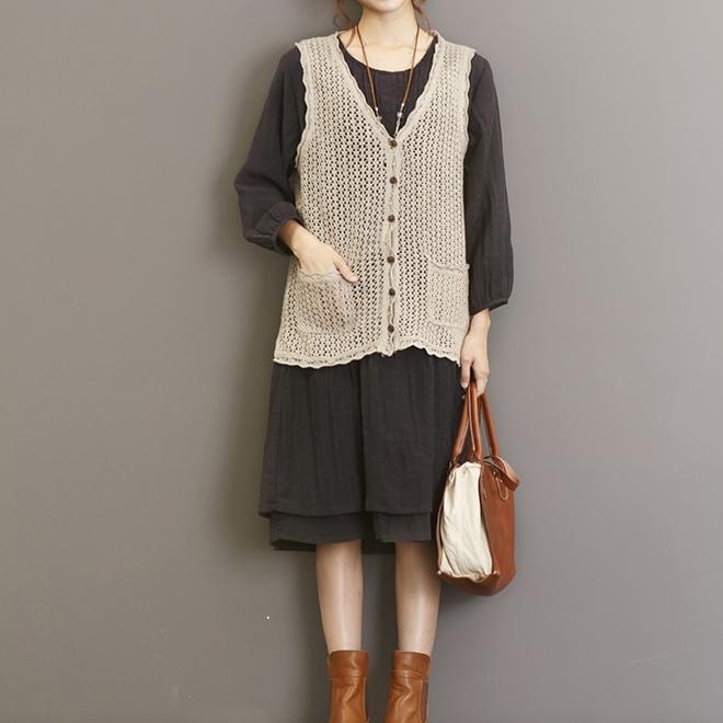 Loose knit nude sweaters top V neck vests plus size - Omychic